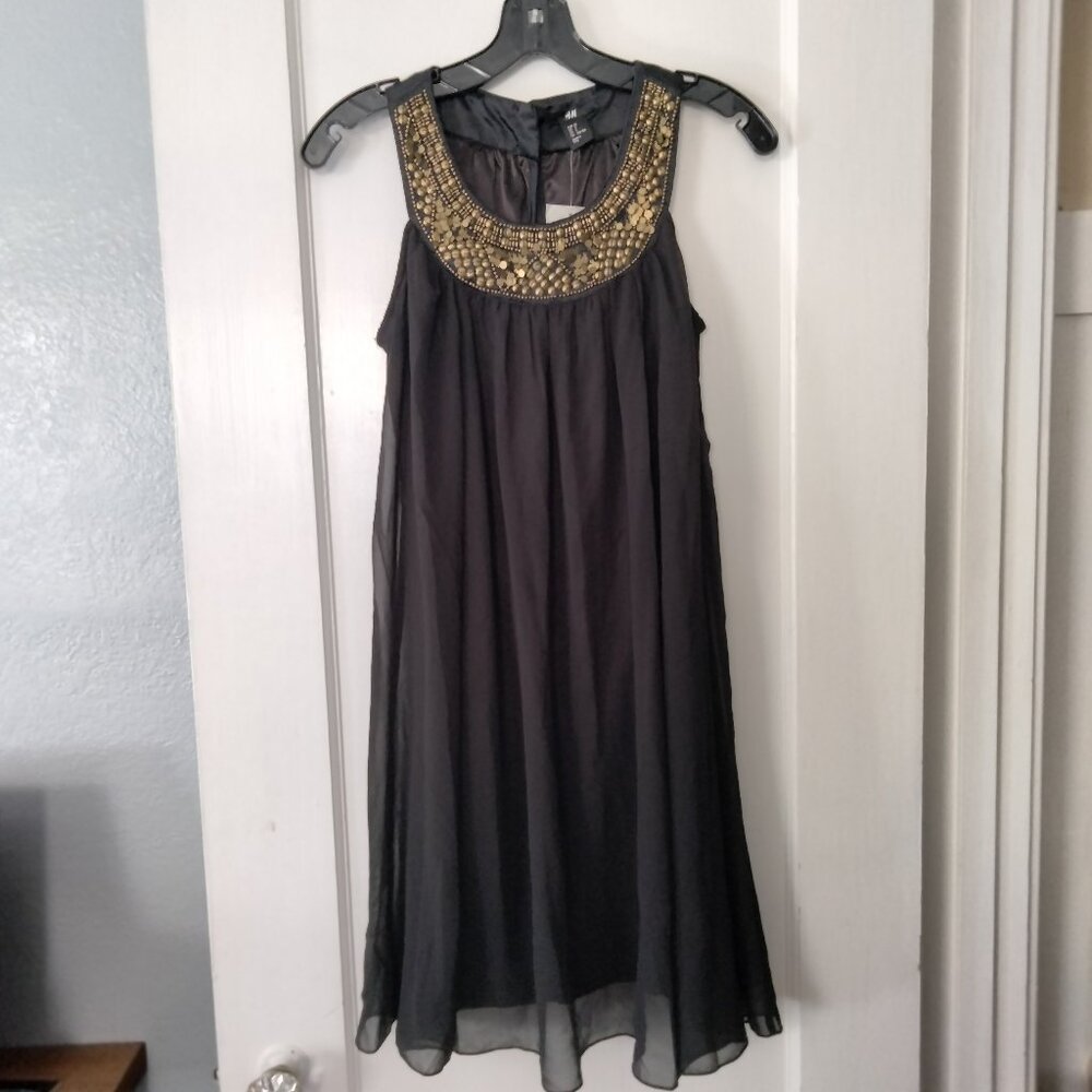 H&M NWOT Black Chiffon Sleeveless Dress w/ Beaded Neckline Women's Size 2